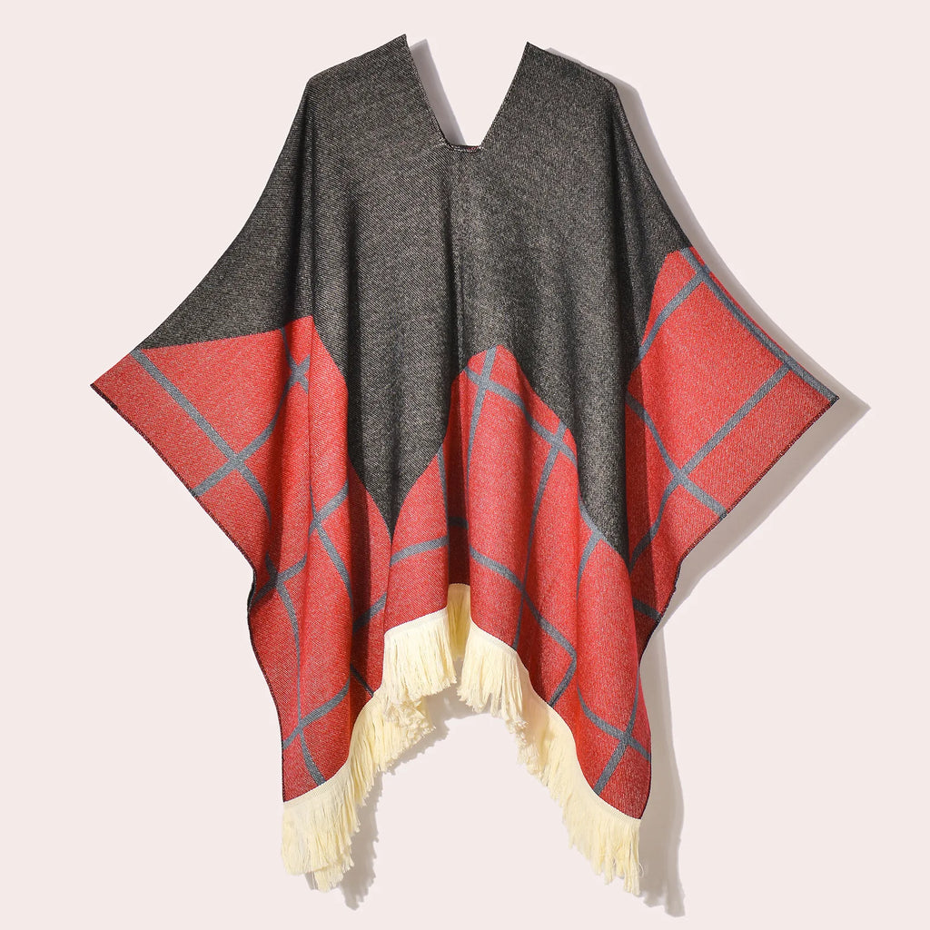 Poncho Plaid Ethnique Bleu