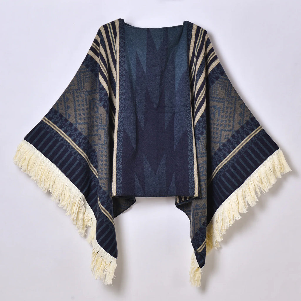 Poncho Plaid Ethnique Bleu