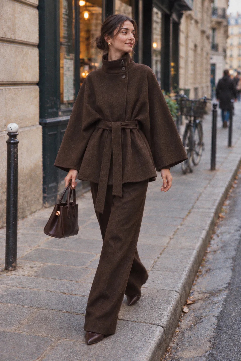 Femme portant la cape marron ceinturée en marchant en ville, rendu pellicule.