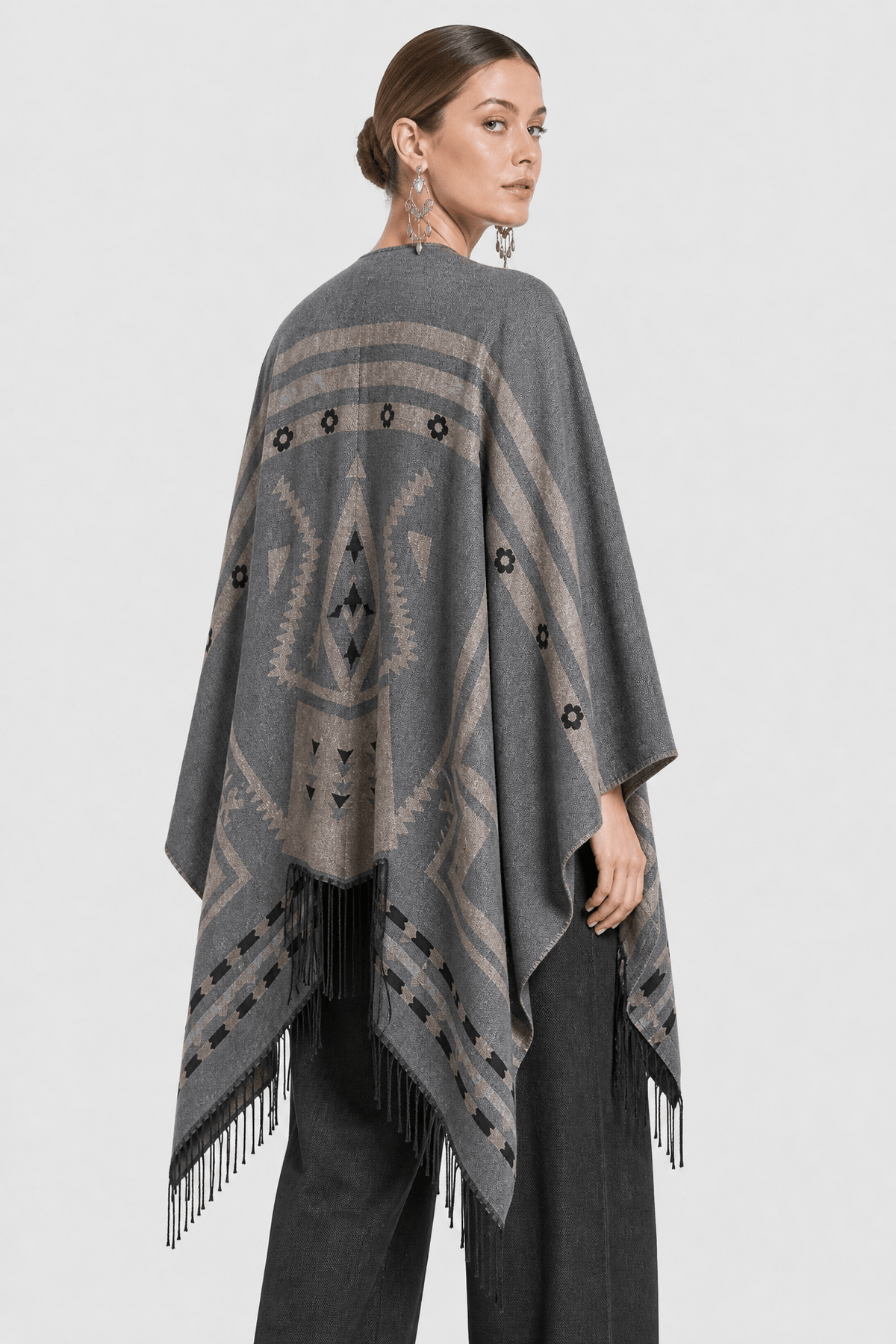 Poncho Cape Hiver Ethnique Gris