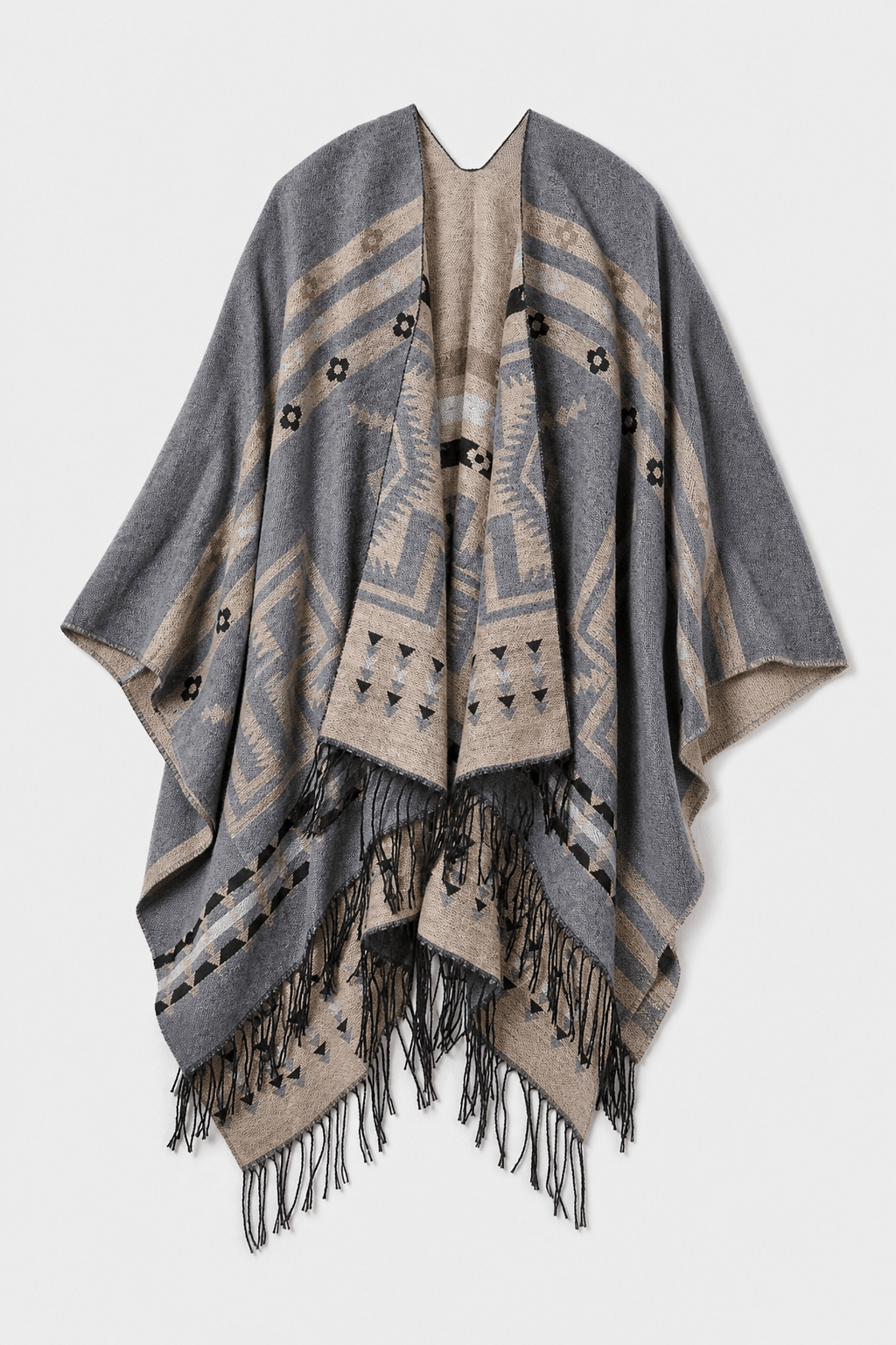 Poncho Cape Hiver Ethnique Gris