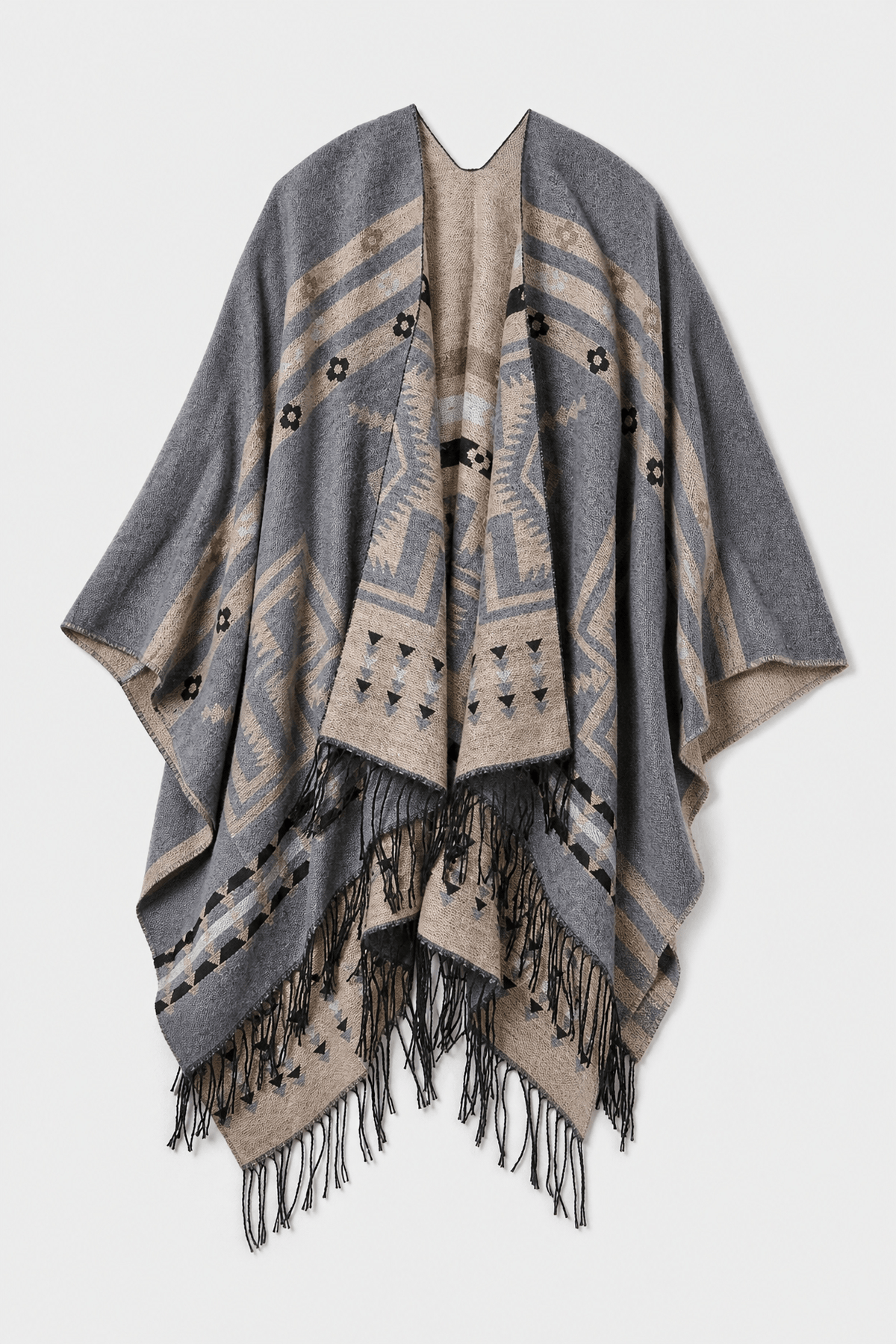 Poncho Cape Hiver Ethnique Gris
