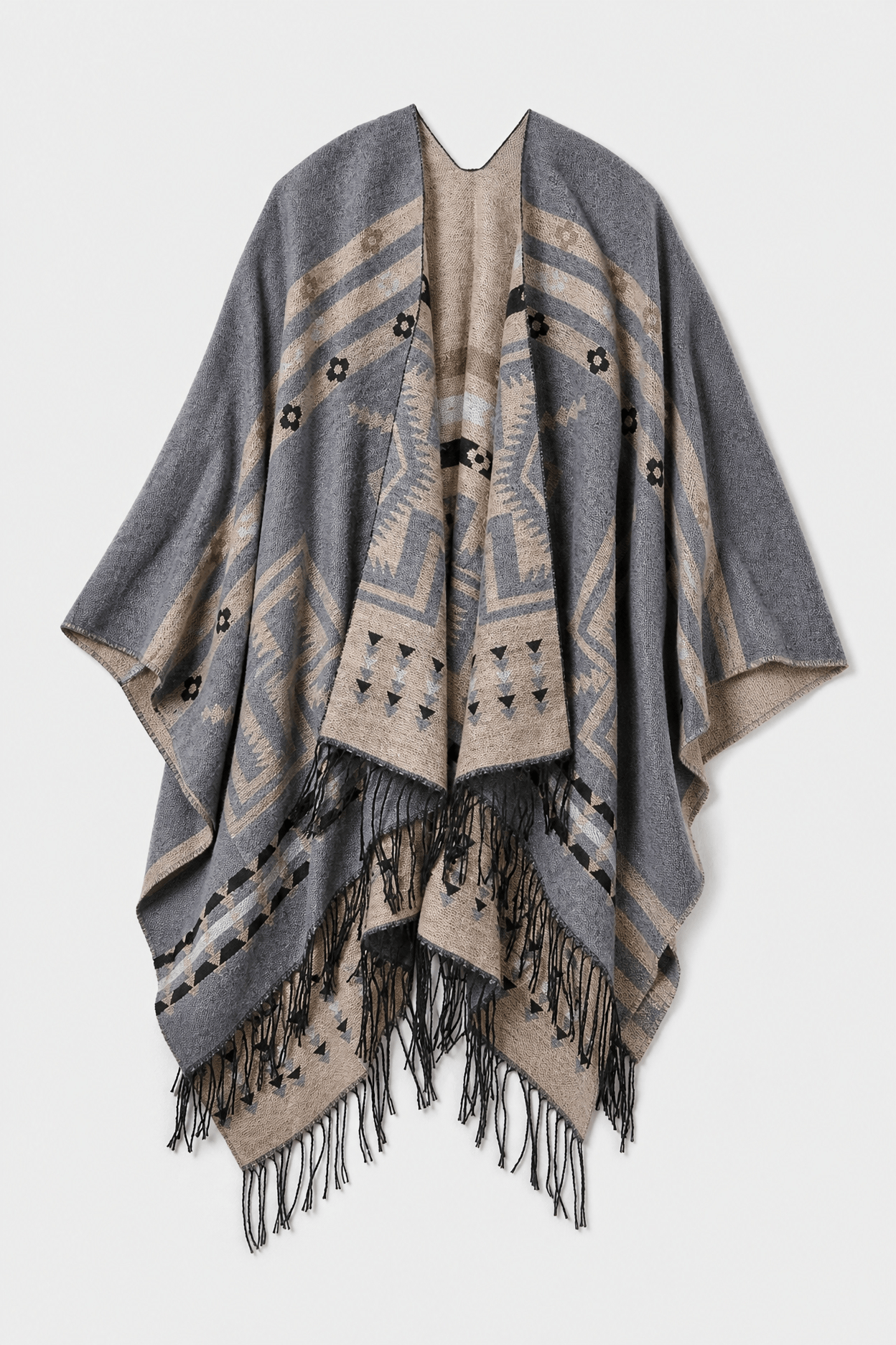 Poncho Cape Hiver Ethnique Gris