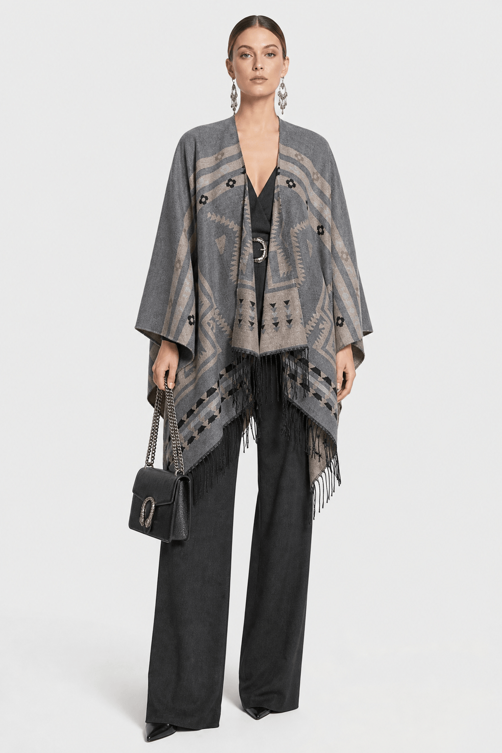 Poncho Cape Hiver Ethnique Gris