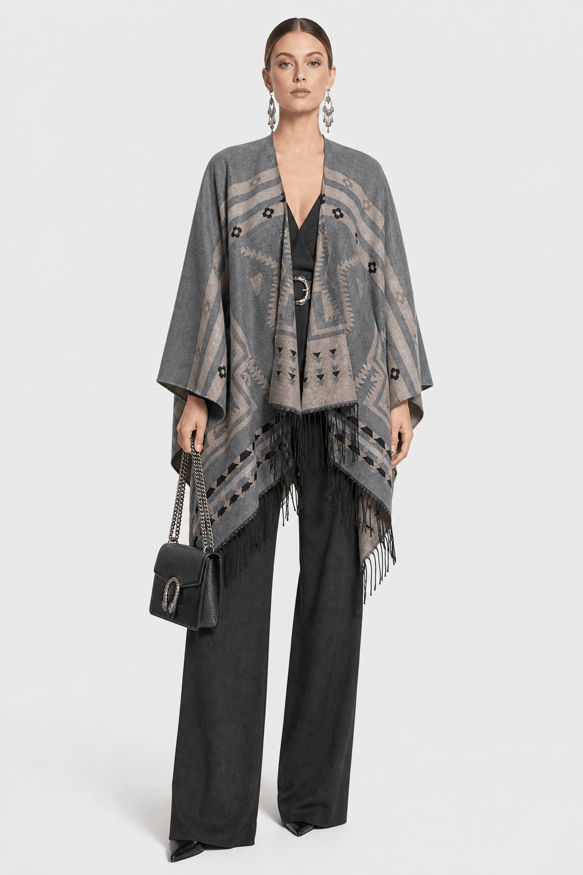 Poncho Cape Hiver Ethnique Gris