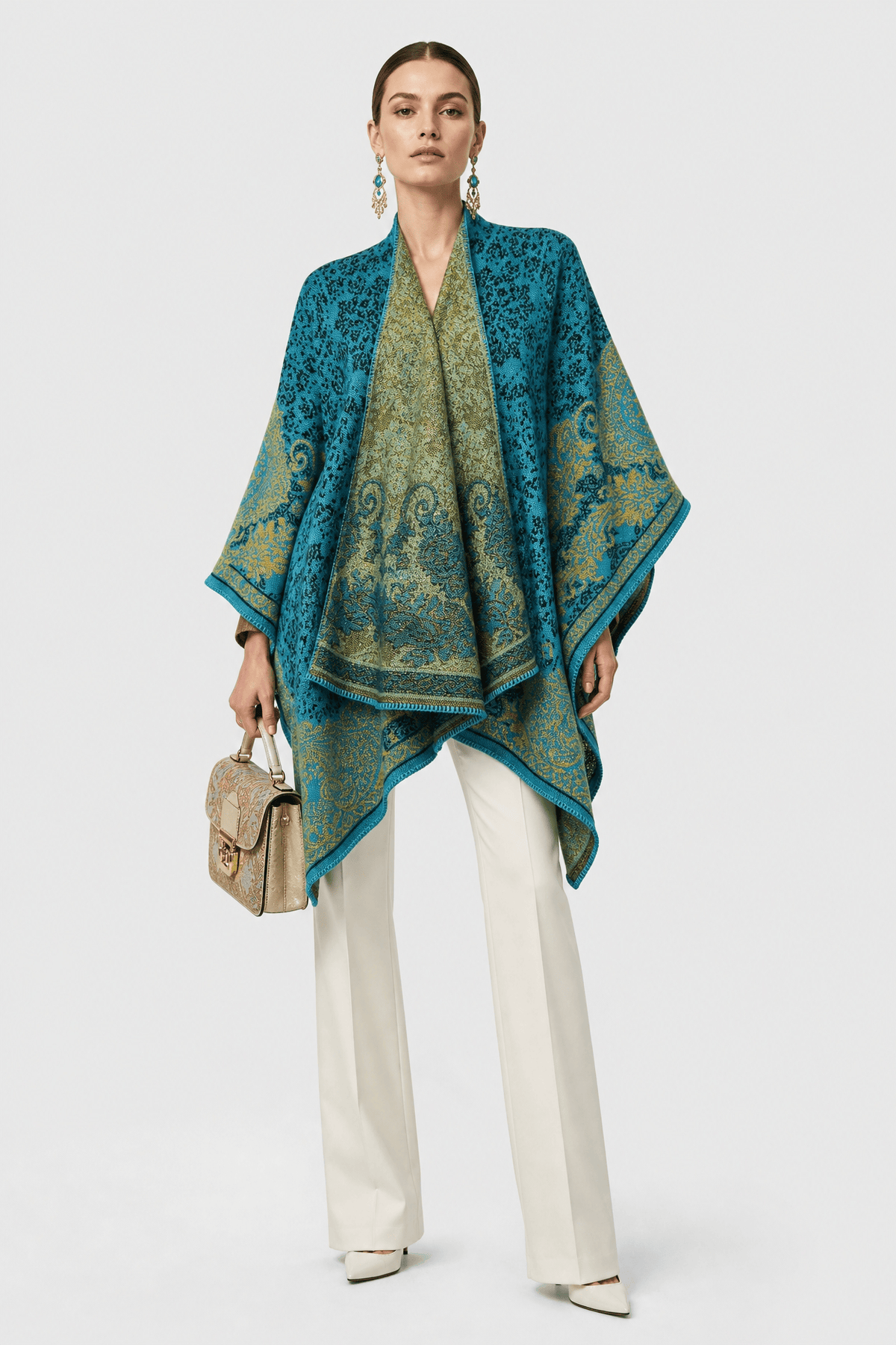 Poncho Femme Cachemire Ethnique Bleu
