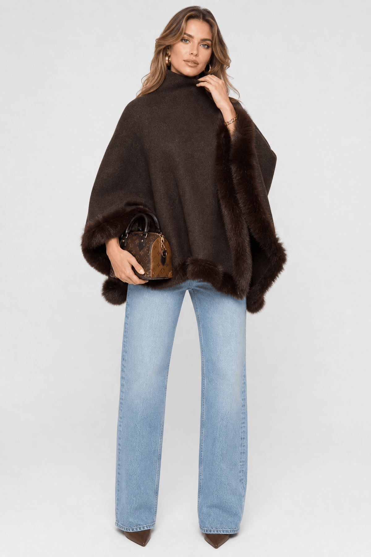 Poncho Femme Chaud avec Fourrure