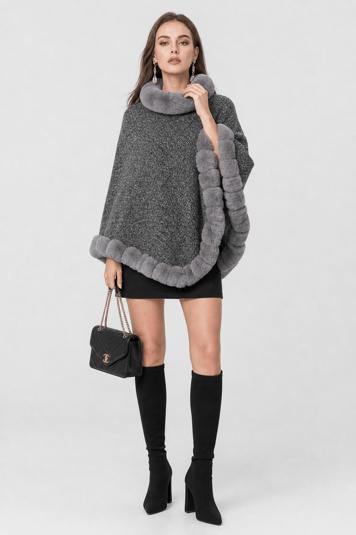 Poncho Femme Col Fourrure