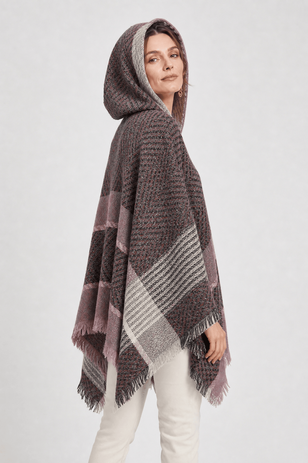 Poncho Femme Plaid à Capuche