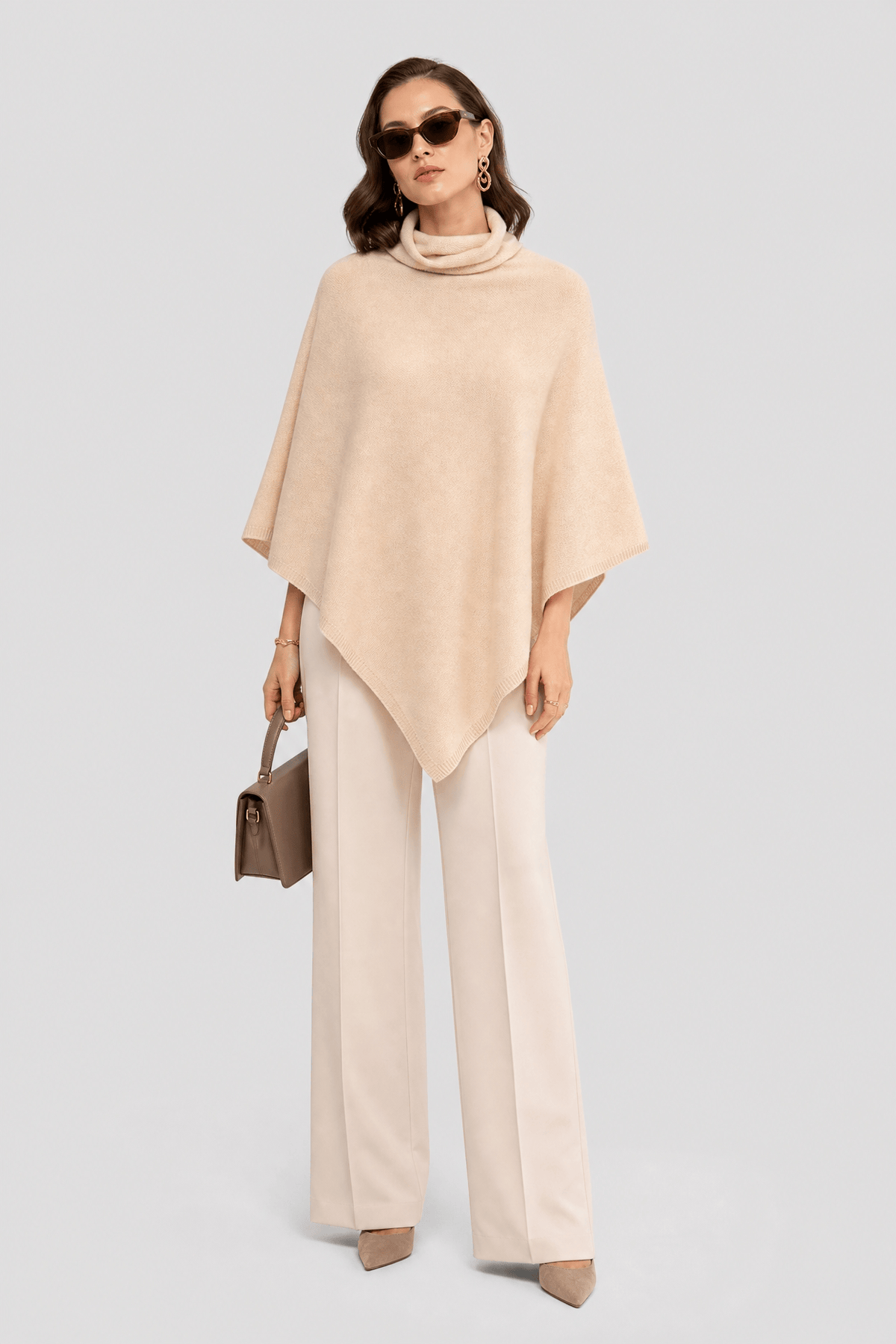 Poncho Laine Beige Col Roulé