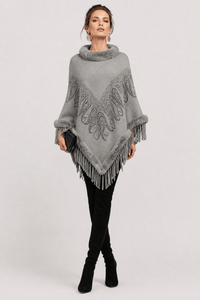 Poncho Pull Femme Franges Gris