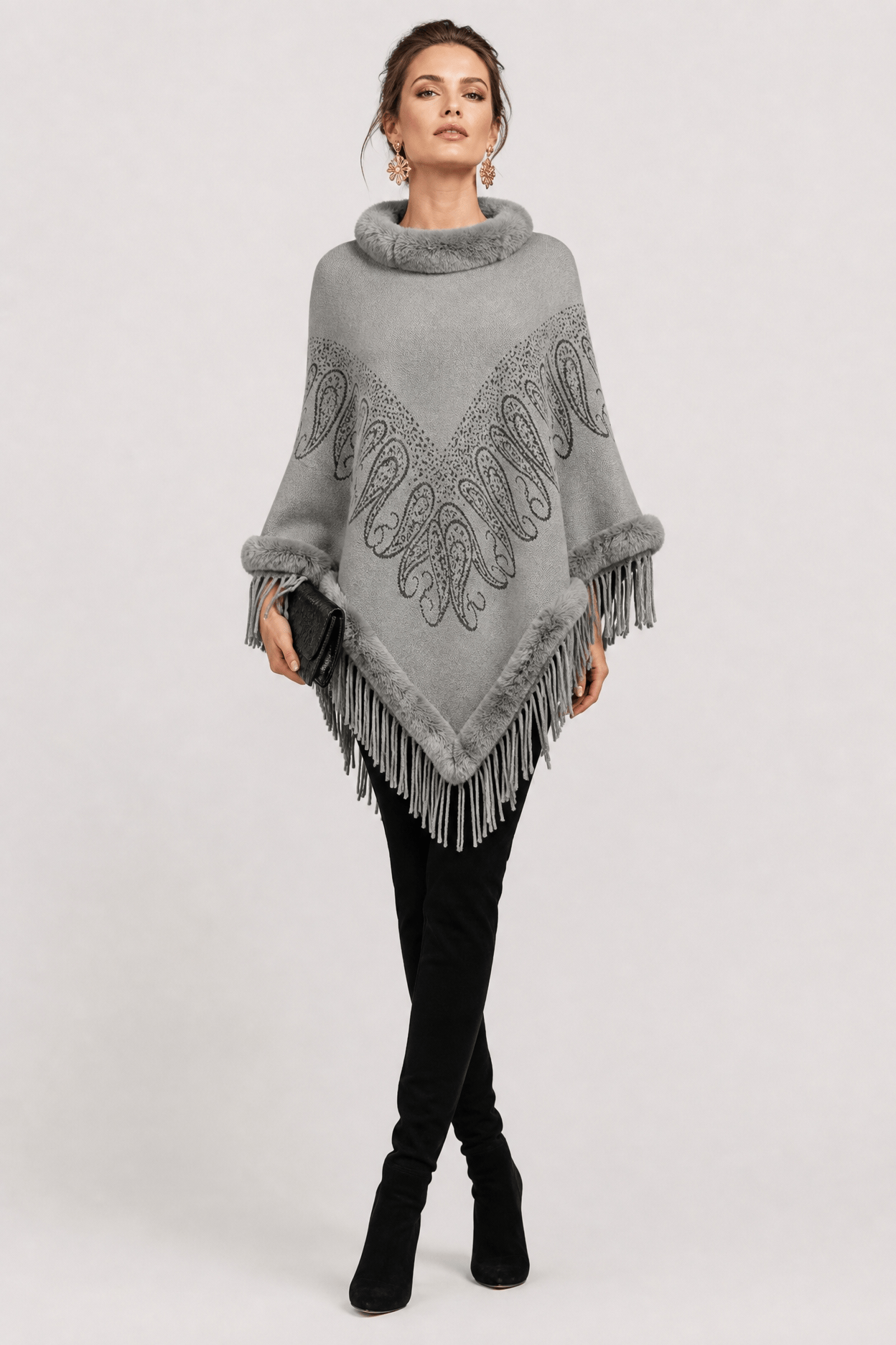 Poncho Pull Femme Franges Gris