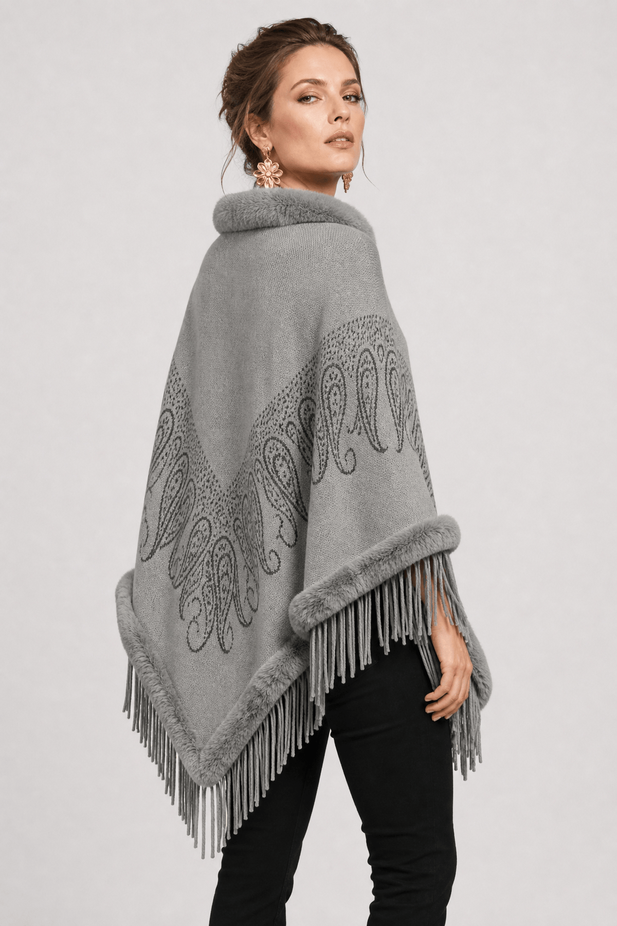 Poncho Pull Femme Franges Gris