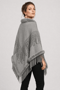 Poncho Pull Femme Franges Gris